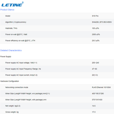 Bitcoin抗夫S19プロ100T Bitmain Antminer S19Pro 110T 104T 29.5J/T力のAsicのブロック・チェーン抗夫