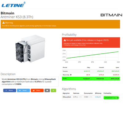 8300G 3188W KAS Kaspa Kadenaの採掘機Bitmain Antminer KS3