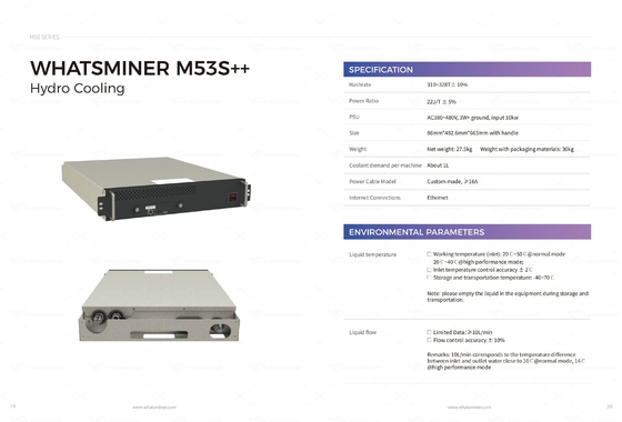 ハイドロ冷却のWhatminer M53S++ 310T 328T BTCの採掘機の水冷