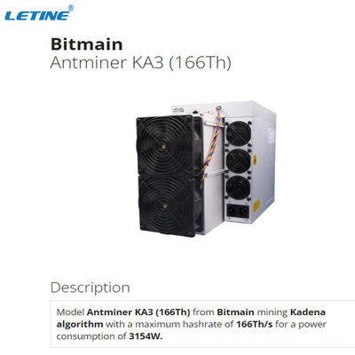 ストック KDA マイナー ビットメイン アントマイナー KA3 166T 3154W 電力消費