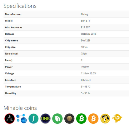 E11第30 1950W SHA-256 BTC Ebang Ebit抗夫74db 10nm