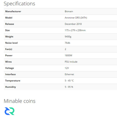 PSUとのBitmain Antminer Scrypt第34 Hashrate 1800Wの抗夫Dr5 34t