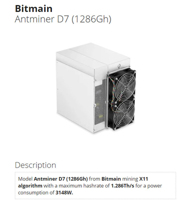 1286Gh Bitmain Antminer D7のダッシュX11 1.286Th 3148W 75db