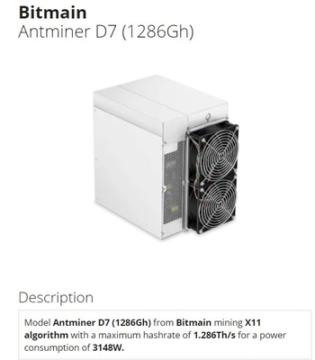 Bitmain Antminer D7 1286gh 3148W X11 Asic抗夫D7 1.286th/S 1183g 1234Gの採掘機