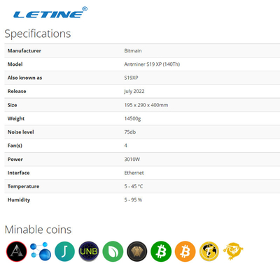 S19 XP 140TH 3100W Bitmain Asic Antminer高いHashrate 75db